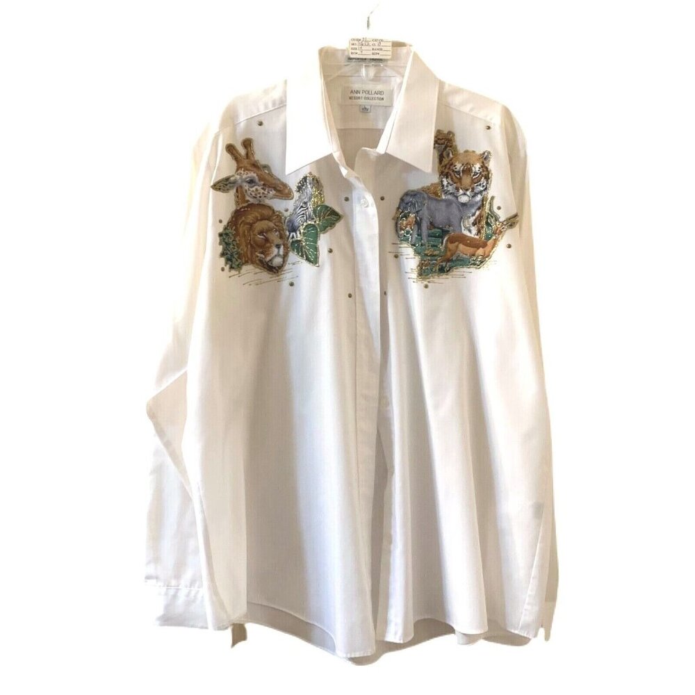 Ann Pollard Resort Collection Womens 14/16 Shirt Safari Jungle Tiger Elephant - Picture 2 of 11